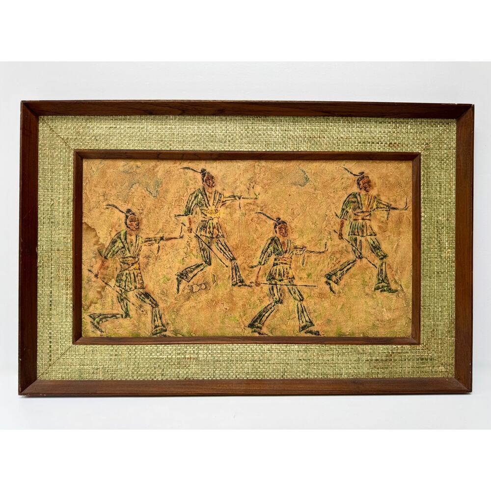 Vintage House of Stone Rubbing Taiwan Framed Art Panel Warriors Scene